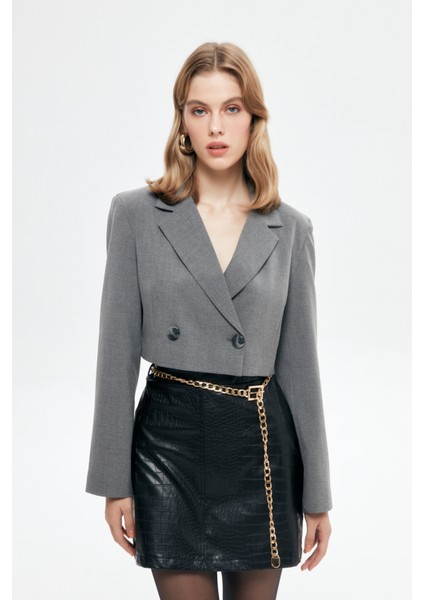Vatka Detaylı Crop Blazer Ceket Gri