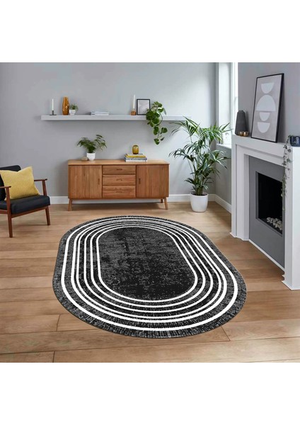 Dijital Kaymaz Taban Yıkanabilir Oval Çerçeveli Mutfak Salon Halısı, V-O-Çerçeveli-08-Antrasit,