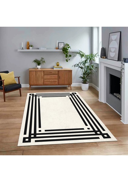 Dijital Baskılı Kaymaz Taban Yıkanabilir Çerçeveli Mutfak Salon Halısı, V-Çerçeveli-44-Krem-,