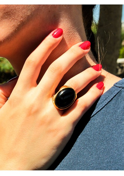 Oval Oniks Doğal Taş Ayarlanabilir Kadın Doğal Taş Yüzük EUY13O