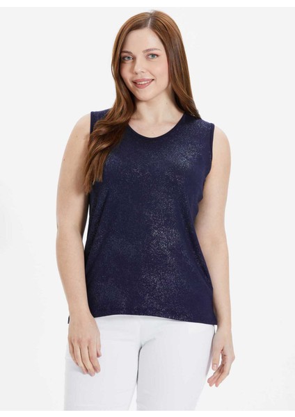 O Yaka Varaklı Lacivert Kadın Bluz 24YSL8813-BB