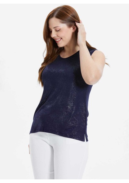 O Yaka Varaklı Lacivert Kadın Bluz 24YSL8813-BB