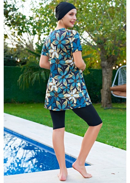 Mirates Büyük Beden Siyah Çiçek Desenli Yarım Kol Micro(Çabuk Kuruyan)Kumaş Yarı Tesettür Mayo fiyatları