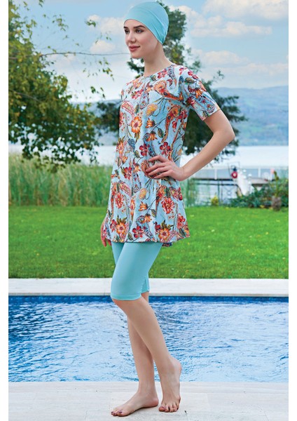 Mirates Yeşil Desenli Yarım Kol Micro(Çabuk Kuruyan)Kumaş Yarı Tesettür Mayo