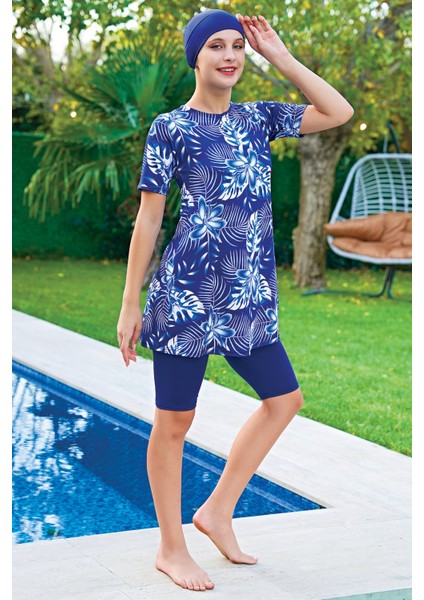 Mirates Büyük Beden Lacivert Desenli Yarım Kol Micro(Çabuk Kuruyan)Kumaş Yarı Tesettür Mayo