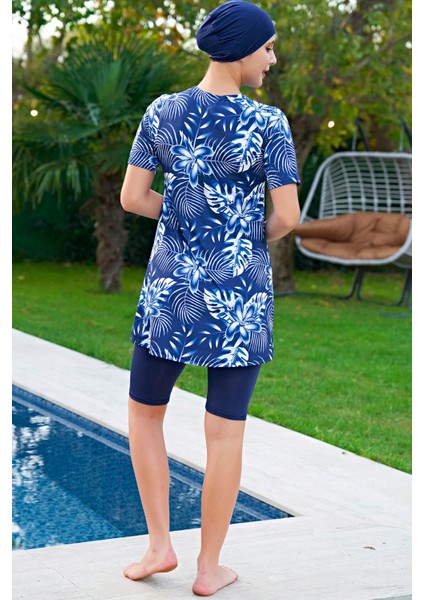 Mirates Büyük Beden Lacivert Desenli Yarım Kol Micro(Çabuk Kuruyan)Kumaş Yarı Tesettür Mayo fiyatları