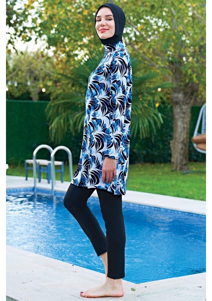 Mirates Büyük Beden Siyah Desenli Micro (Çabuk Kuruyan) Kumaş Tesettür Mayo