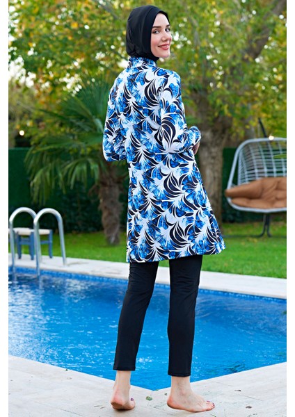 Mirates Büyük Beden Siyah Desenli Micro (Çabuk Kuruyan) Kumaş Tesettür Mayo fiyatları