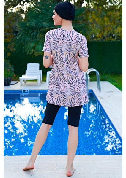 Mirates Büyük Beden Pembe Desenli Yarım Kol Micro(Çabuk Kuruyan)Kumaş Yarı Tesettür Mayo fiyatları