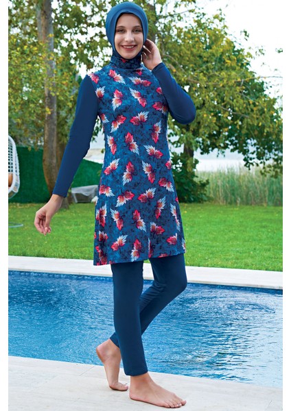 Mirates Büyük Beden Lacivert Desenli Micro (Çabuk Kuruyan) Kumaş Tesettür Mayo