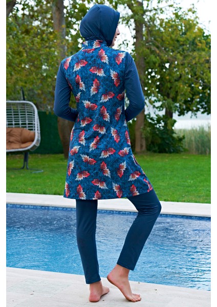 Mirates Büyük Beden Lacivert Desenli Micro (Çabuk Kuruyan) Kumaş Tesettür Mayo fiyatları