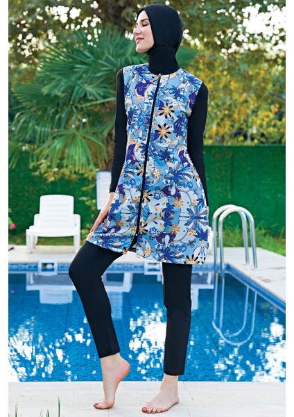 Mirates Büyük Beden Mavi Çiçek Desenli Paraşüt(Çabuk Kuruyan) Kumaş Tesettür Mayo