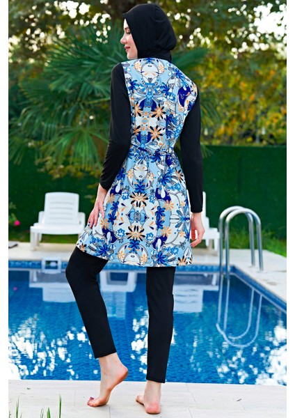 Mirates Büyük Beden Mavi Çiçek Desenli Paraşüt(Çabuk Kuruyan) Kumaş Tesettür Mayo fiyatları