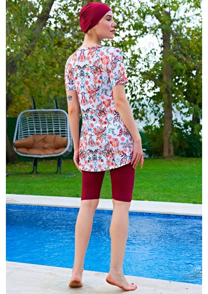 Mirates Bordo Desenli Yarım Kol Micro(Çabuk Kuruyan)Kumaş Yarı Tesettür Mayo fiyatları