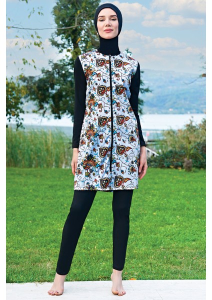 Mirates Siyah Çiçek Desenli Fermuarlı Paraşüt(Çabuk Kuruyan) Kumaş Tesettür Mayo