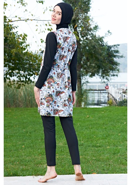 Mirates Siyah Çiçek Desenli Fermuarlı Paraşüt(Çabuk Kuruyan) Kumaş Tesettür Mayo fiyatları