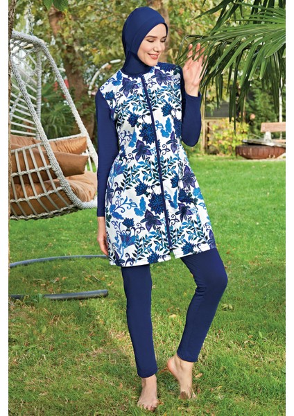 Mirates Lacivert Beyaz Çiçek Desenli Fermuarlı Paraşüt(Çabuk Kuruyan)Kumaş Tesettür Mayo
