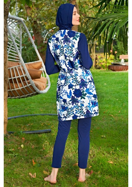 Mirates Lacivert Beyaz Çiçek Desenli Fermuarlı Paraşüt(Çabuk Kuruyan)Kumaş Tesettür Mayo fiyatları