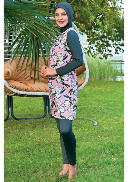 Mirates Gri Çiçek Desenli Fermuarlı Paraşüt(Çabuk Kuruyan)Kumaş Tesettür Mayo
