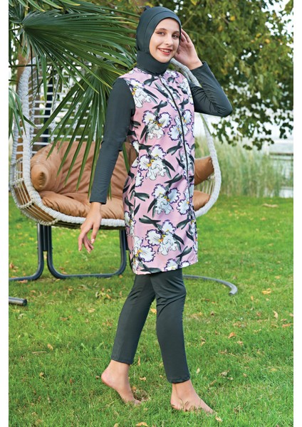 Mirates Gri Çiçek Desenli Fermuarlı Paraşüt(Çabuk Kuruyan)Kumaş Tesettür Mayo fiyatları