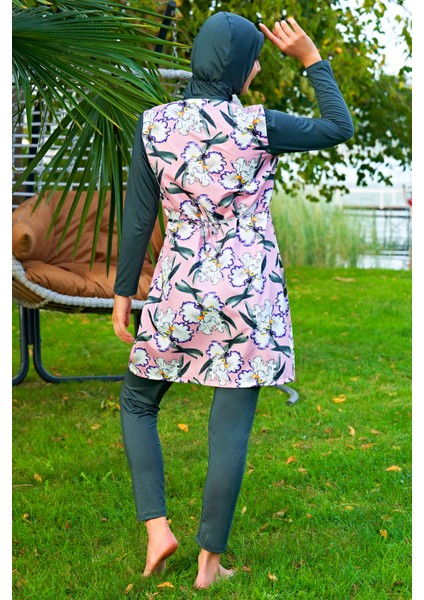 Mirates Gri Çiçek Desenli Fermuarlı Paraşüt(Çabuk Kuruyan)Kumaş Tesettür Mayo modelleri