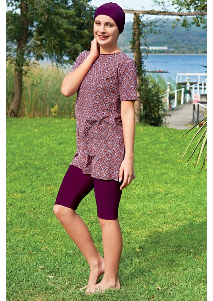 Büyük Beden Etnik Desenli Yarım Kol Lycra(Su Itici ve Çabuk Kuruyan)Kumaş Tesettür Mayo