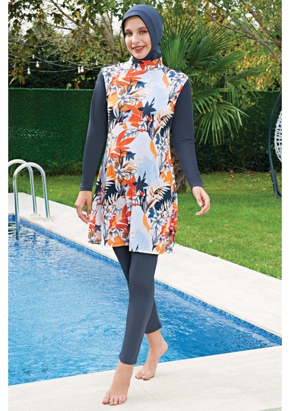 Mirates Gri Çiçek Desenli Micro(Çabuk Kuruyan)Kumaş Tesettür Mayo