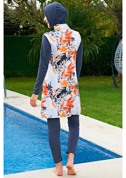 Mirates Gri Çiçek Desenli Micro(Çabuk Kuruyan)Kumaş Tesettür Mayo fiyatları