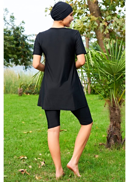 Battal Parçalı Siyah Çiçek Desenli Yarım Kol Lycra(Su Itici ve Çabuk Kuruyan) Tesettür Mayo modelleri