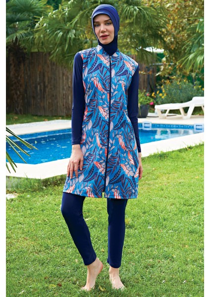Büyük Beden Mavi Desenli Lycra Paraşüt(Su Itici ve Çabuk Kuruyan)Kumaş Tesettür Mayo