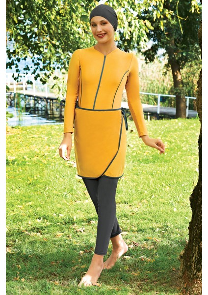 Sarı 3'lü Takım Lycra (Su Itici ve Çabuk Kuruyan) Kumaş Yüzücü Tesettür Mayo