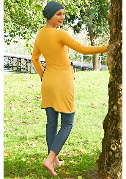 Sarı 3'lü Takım Lycra (Su Itici ve Çabuk Kuruyan) Kumaş Yüzücü Tesettür Mayo modelleri