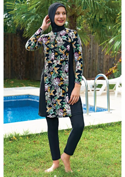 Siyah Çiçek Desenli Büyük Beden Lycra (Su Itici ve Çabuk Kuruyan)Kumaş Tesettür Mayo