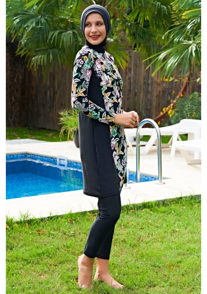 Siyah Çiçek Desenli Büyük Beden Lycra (Su Itici ve Çabuk Kuruyan)Kumaş Tesettür Mayo fiyatları