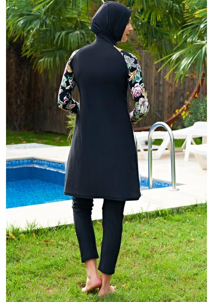Siyah Çiçek Desenli Büyük Beden Lycra (Su Itici ve Çabuk Kuruyan)Kumaş Tesettür Mayo modelleri