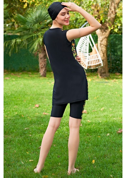 Siyah Limon Desenli O Kol Lycra(Su Itici ve Çabuk Kuruyan)Kumaş Tesettür Mayo modelleri