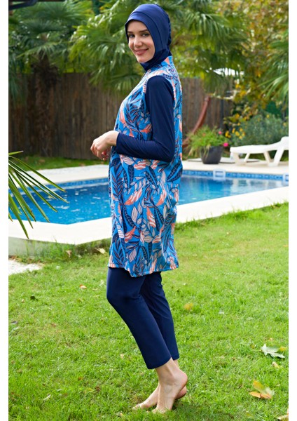 Büyük Beden Mavi Desenli Lycra Paraşüt(Su Itici ve Çabuk Kuruyan)Kumaş Tesettür Mayo fiyatları