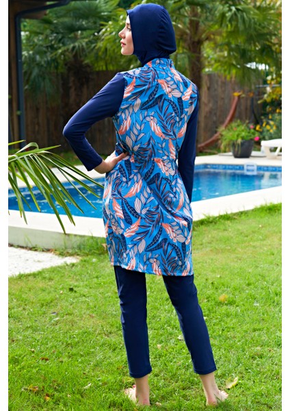 Büyük Beden Mavi Desenli Lycra Paraşüt(Su Itici ve Çabuk Kuruyan)Kumaş Tesettür Mayo modelleri