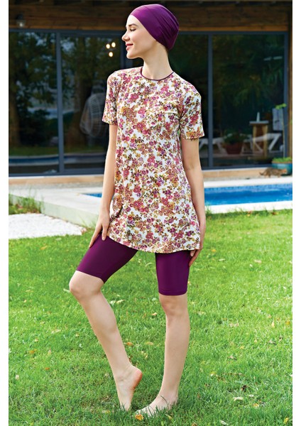Bordo Çiçek Desenli Yarım Kol Lycra(Su Itici ve Çabuk Kuruyan) Kumaş Yarı Tesettür Mayo