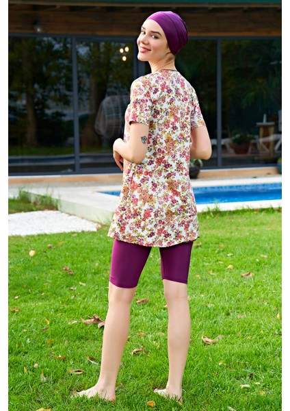 Bordo Çiçek Desenli Yarım Kol Lycra(Su Itici ve Çabuk Kuruyan) Kumaş Yarı Tesettür Mayo fiyatları