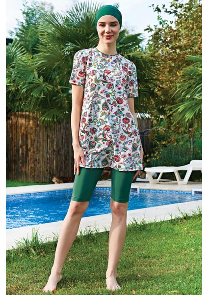 Yeşil Çiçek Desenli Yarım Kol Lycra(Su Itici ve Çabuk Kuruyan) Kumaş Yarı Tesettür Mayo