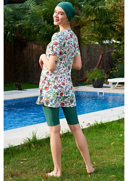 Yeşil Çiçek Desenli Yarım Kol Lycra(Su Itici ve Çabuk Kuruyan) Kumaş Yarı Tesettür Mayo fiyatları