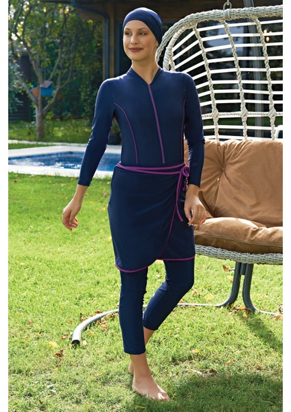 Lacivert 3'lü Takım Lycra (Su Itici ve Çabuk Kuruyan) Kumaş Yüzücü Tesettür Mayo