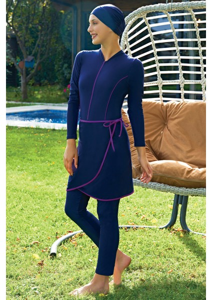 Lacivert 3'lü Takım Lycra (Su Itici ve Çabuk Kuruyan) Kumaş Yüzücü Tesettür Mayo fiyatları