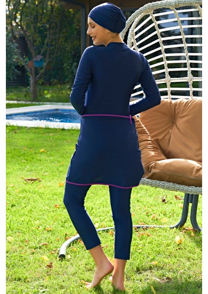Lacivert 3'lü Takım Lycra (Su Itici ve Çabuk Kuruyan) Kumaş Yüzücü Tesettür Mayo modelleri