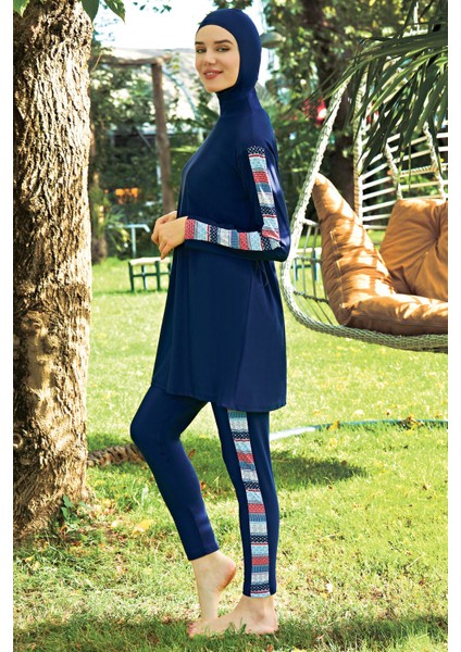 Lacivert Çizgili Desenli Lycra (Su Itici ve Çabuk Kuruyan) Kumaş Tesettür Mayo