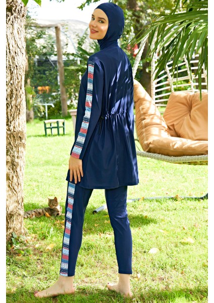 Lacivert Çizgili Desenli Lycra (Su Itici ve Çabuk Kuruyan) Kumaş Tesettür Mayo fiyatları