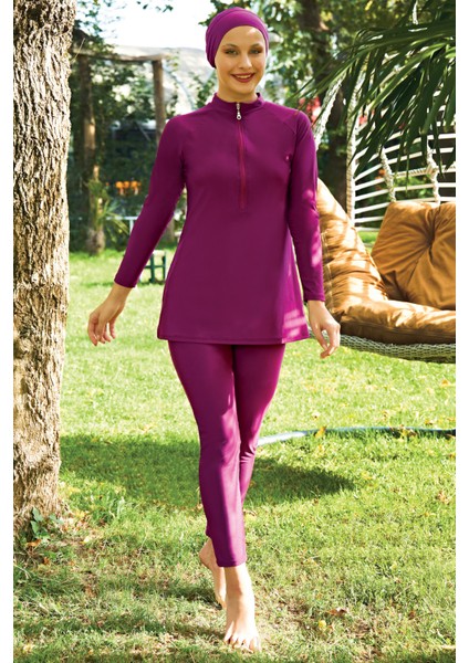 Pembe Fermuarlı 3'lü Takım Lycra (Su Itici ve Çabuk Kuruyan) Kumaş Tesettür Mayo