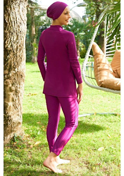 Pembe Fermuarlı 3'lü Takım Lycra (Su Itici ve Çabuk Kuruyan) Kumaş Tesettür Mayo