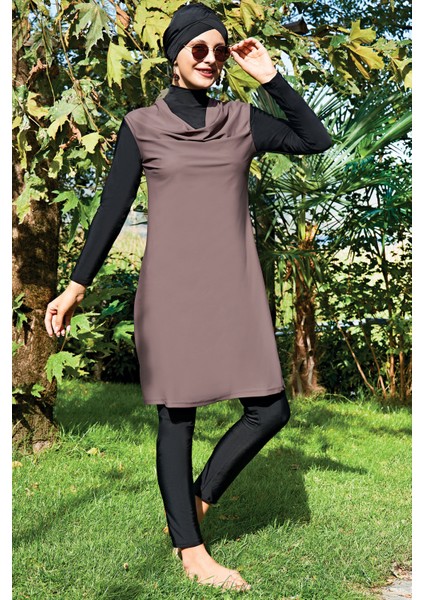 Degaje Yaka Taş Rengi Lycra ( Su Itici ve Çabuk Kuruyan ) Kumaş Tesettür Mayo